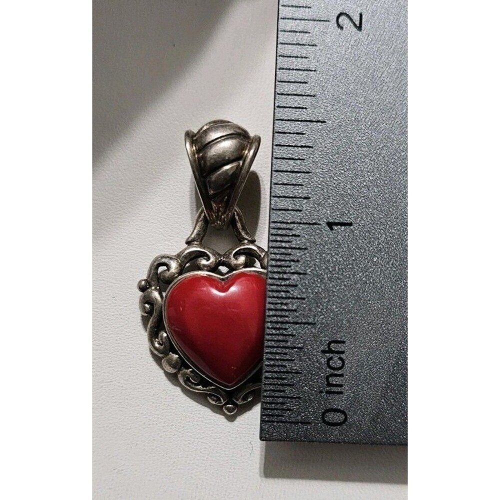 Vintage Sterling Silver 925 Scroll Red Stone Heart Pendant - Picture 2 of 6